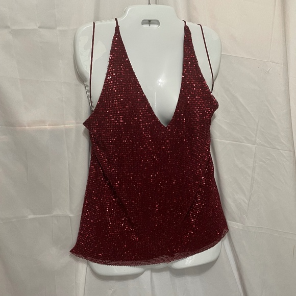Express L maroon or burgundy sequined show girl tank top spaghetti straps lined - Picture 1 of 12